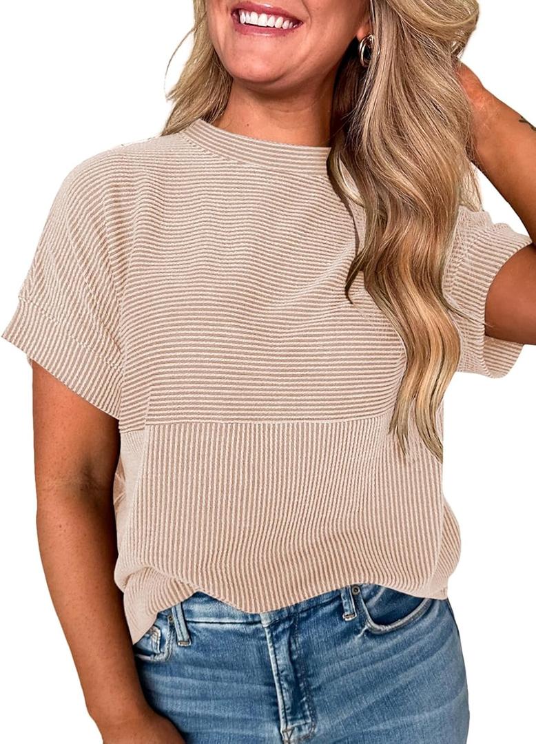 EVALESS Short Sleeve Shirts for Women Casual Spring Summer Tops Ribbed Knit Striped Womens Tops Crewneck Loose Fit T Shirts (Beige, XL)