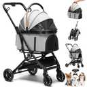 GTPLAYER Pet Stroller for Small Dogs and Cats, One-Click Foldable, Detachable Carrier, Breathable Mesh, 45 lbs Capacity, 2 Safety Leashes, Storage Basket & Cup Holder, Gray