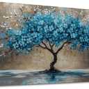 selatala Tree of Life Large Wall Art for Living Room 24"X48", Teal Blooming Flowers Canvas Wall Decor, Blue Nature Tree Abstract Painting Picture, Modern Office Bedroom Bathroom Farmhouse Decor
