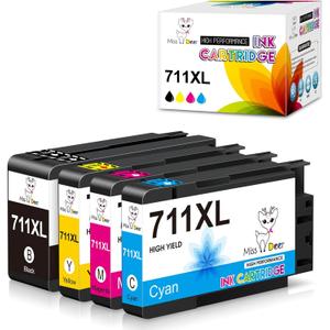 Miss Deer 4 Pack 711XL Ink Cartridges High Yield Compatible Replacement Ink for HP 711 711XL Ink,Work for HP Designjet T120 T520 24-in T520 36-in Printer(Black,Cyan,Magenta,Yellow)