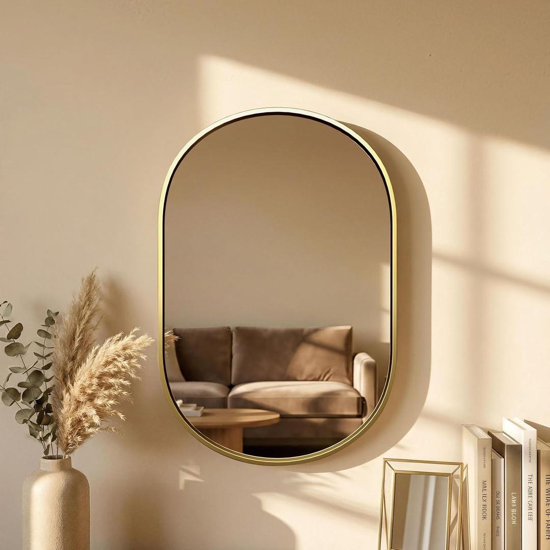 16x24 Oval Mirror - Pill Shaped Bathroom Vanity Mirror, Gold