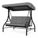 Garvee 3-Seat Outdoor Porch Swing with Adjustable Canopy, 800 lb Heavy-Duty Steel Frame, 180° Reclining Patio Swing Bed with Cushions, Pillows & Cup Trays, Gray