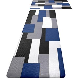 Blue Black Grey White Kitchen Rugs and Mats Set of 2 Modern Abstract Art Cushioned Anti Fatigue Kitchen Rugs Set Geometric Non-Skid Washable Kitchen Mats for Kitchen Sink Laundry 17.5"x29.5"+17.5"x47"
