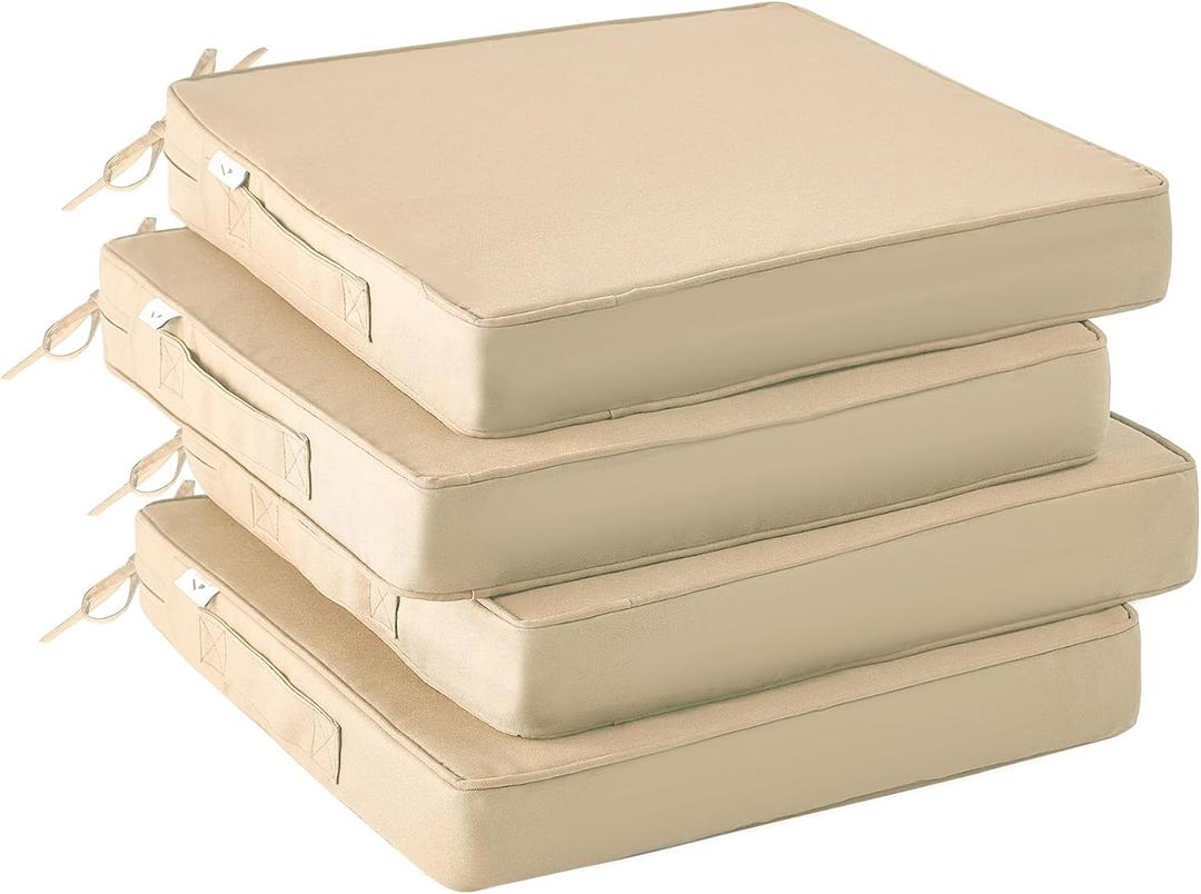 Outdoor Chair Cushions Set of 4 -Waterproof Outdoor Seat Cushions for Patio Furniture, Patio Chair Cushion with Handle and Ties, Square Out Door Chair Pads,19" x 19" x 3", Beige