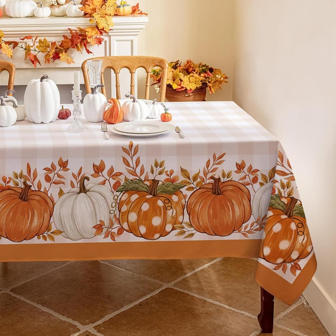 Romanstile Fall Tablecloth Rectangle, Thanksgiving Autumn Harvest Pumpkin Buffalo Plaid Table Cloth, Stain Resistant Washable Table Cover for Party/Dining/Holiday- Orange Checkered, 60x 102 Inch