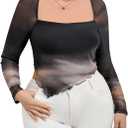 Floerns Women's Plus Size Tie Dye Mesh Long Sleeve T Shirts Hanky Hem Y2k Tee Shirts (3X-Large Plus, Black)