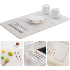 Chefs Path Dish Stone Drying Mat - 23.6x15.4in Mountain Print Spliced Kitchen Mat - Quick Drying and Ultra Absorbent Diatomaceous Earth and Quartz Dish Drying Mat with Non Slip Pad and Sandpaper