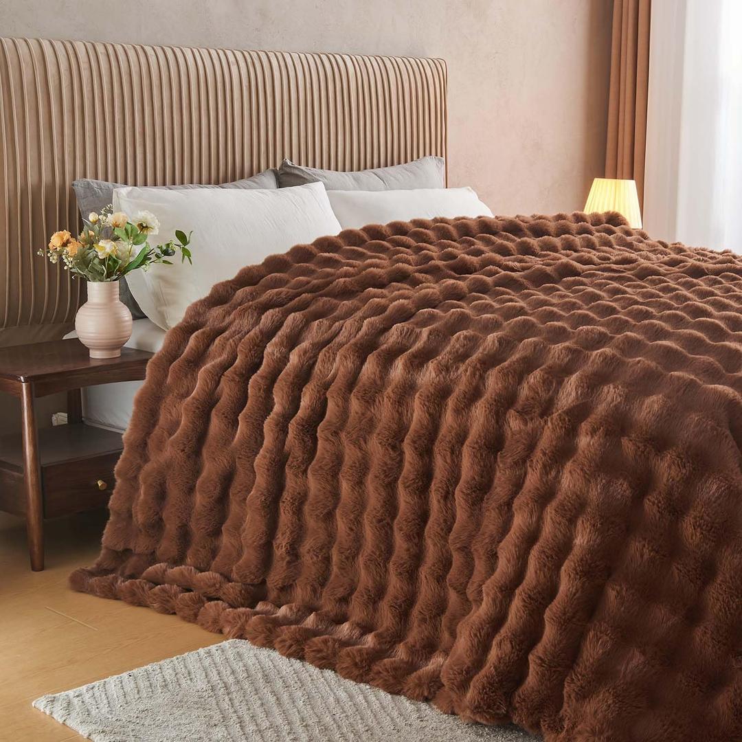Lotus Karen Faux Fur Throw Blanket Dark Coffee - Big Bubble Rabbit Fluff Blanket for Couch Bed Sofa,Softest Fluffy Fuzzy Cozy Blanket,Thick Furry Plush Shaggy Warm Blankets for Women,90x90 Inches, Queen
