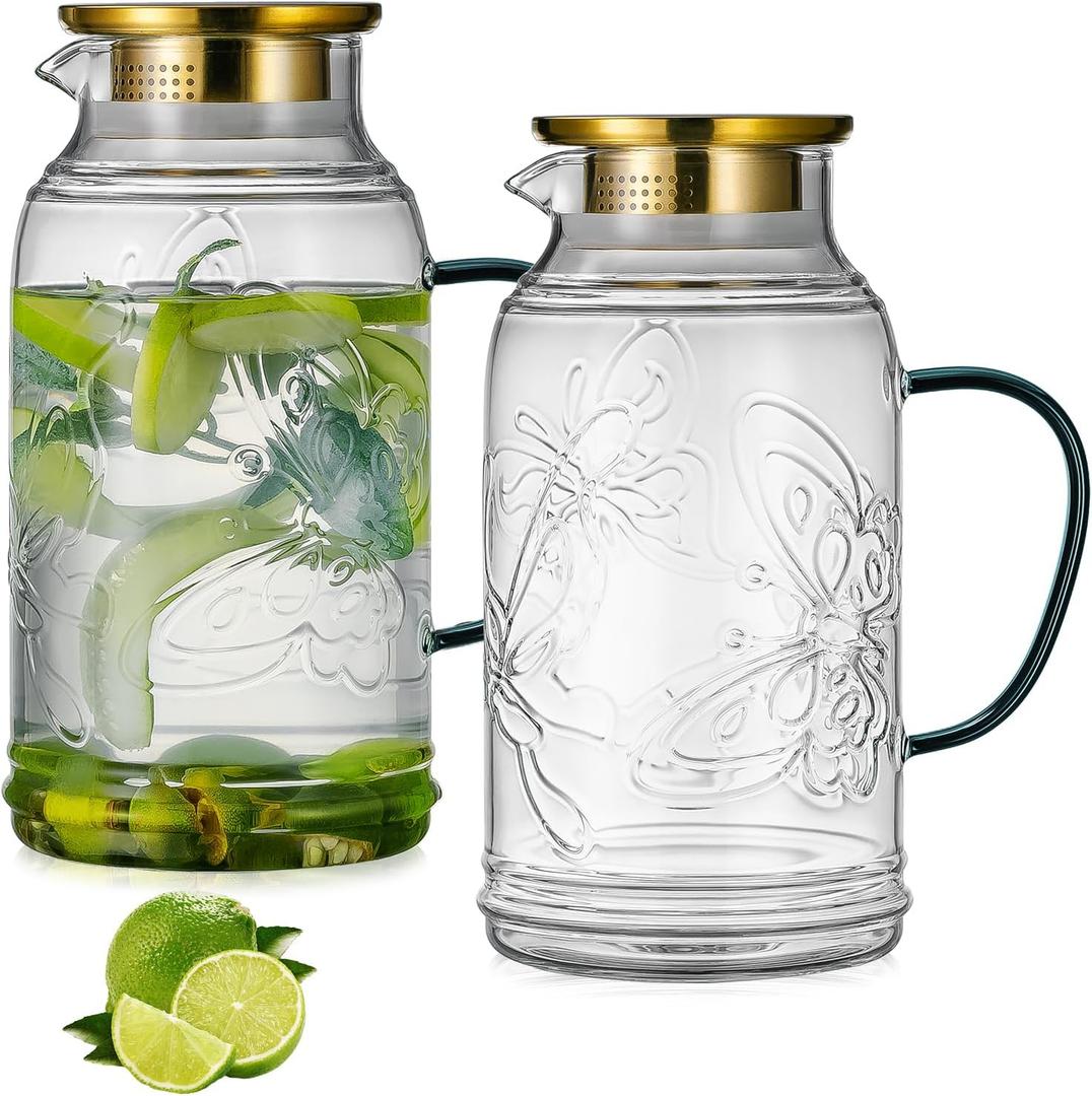 Glass Pitcher with Lid and Handle, 2 PACK 68 oz/2 Liter Vintage Butterfly Design Fridge Water Pitcher, Borosilicate Glass Water Carafe for Hot/Cold Water, Coffee, Iced Sun Tea, Heat Resistant