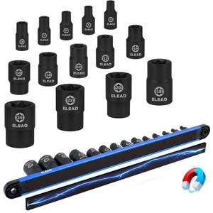 14-Piece Female E-Torx Star Socket Set with Magnetic Storage Rail, 1/4", 3/8", 1/2" Drive E4 - E24 External Impact Socket Set, Chrome Vanadium Steel, High Visibility Markings