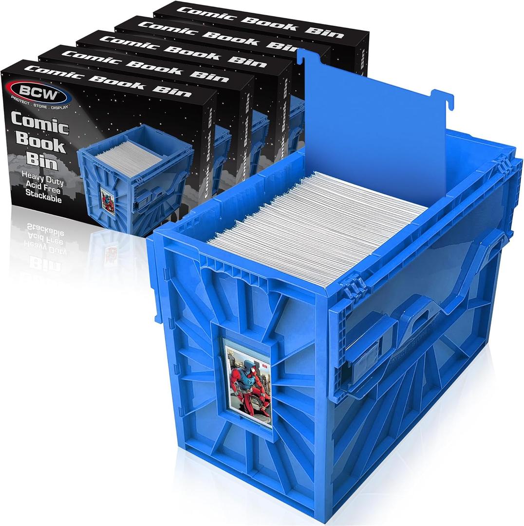 BCW Short Comic Book Bin | Holds 150 Comics | Stackable Plastic Storage | Acid-Free Organizer | Blue, 5 Pack