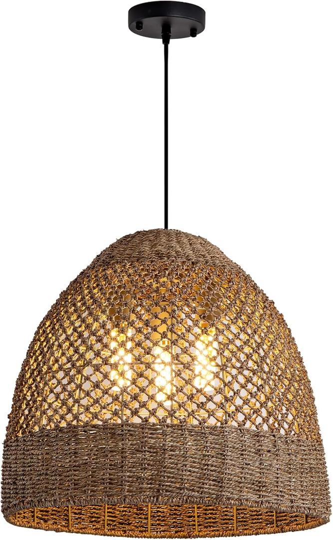 18.9" Farmhouse Rattan Pendant Light Fixture 3-Lights Costoal Chandelier Boho Hand Woven Wicker Hanging Light Fixture for Kitchen Island Living Room Bedroom Dining Room Foyer Restaurant Coffee, 19IN
