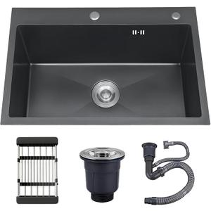 33x19 Drop in Kitchen Sink, 9 Deep Large Top Mount Single Bowl Sinks Nano Coating Stainless Steel Kitchen Laundry Room Sinks with Accessories (Black)