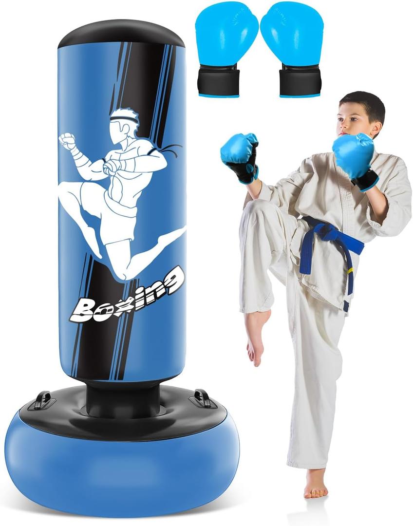 66 Inch Inflatable Kids Punching Bag with Boxing Gloves, Freestanding Boxing Bag, Stand Kids Punching Bag Toy, Bounce-Back Bag Gifts for Kids, Girls, Boxing Set for Practicing Karate, Taekwondo, MMA