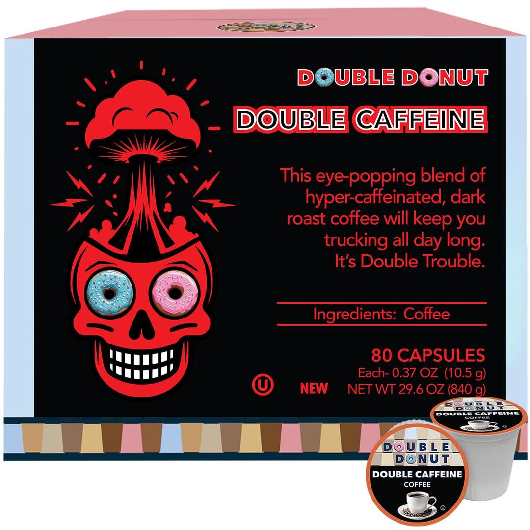Double Donut Coffee High Caffeine Coffee Pods, Extra Strong Double Caffeine Coffee Cups for Keurig K Cup Brewer Machines Single Serve Dark Roast Coffee, 80 Count (EXP 08/18/26)