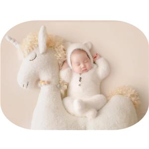 Newborn Photography Props Boys Girls Outfits Mohair Bear Hat Bonnet & Footed Romper Bodysuit Photoshoot Costume Set (White)