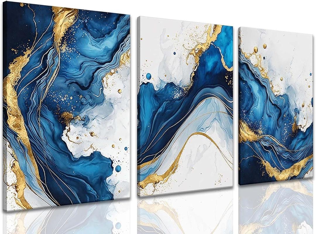 ZQARTZZQ 3 Piece Framed Wall Art Abstract Wall Decor Navy Blue and Gold Pictures Marble Foil Canvas Art Modern Minimalism Paintings Artwork For Living Room Bedroom Office 12x16in