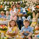 Easter Bunnies and Carrots Garland, 3D Felt Bunny Carrot Wooden Beads Banner Rustic Easter Hanging Wall Decorations for Home Farmhouse Indoor Spring Decor