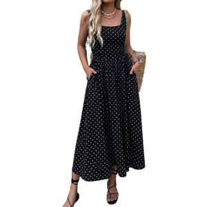 Mieazom Womens Boho Summer Maxi Dress with Pockets, Adjustable Waist, Sleeveless Casual Ruched Sundress for Beach Vacation, S