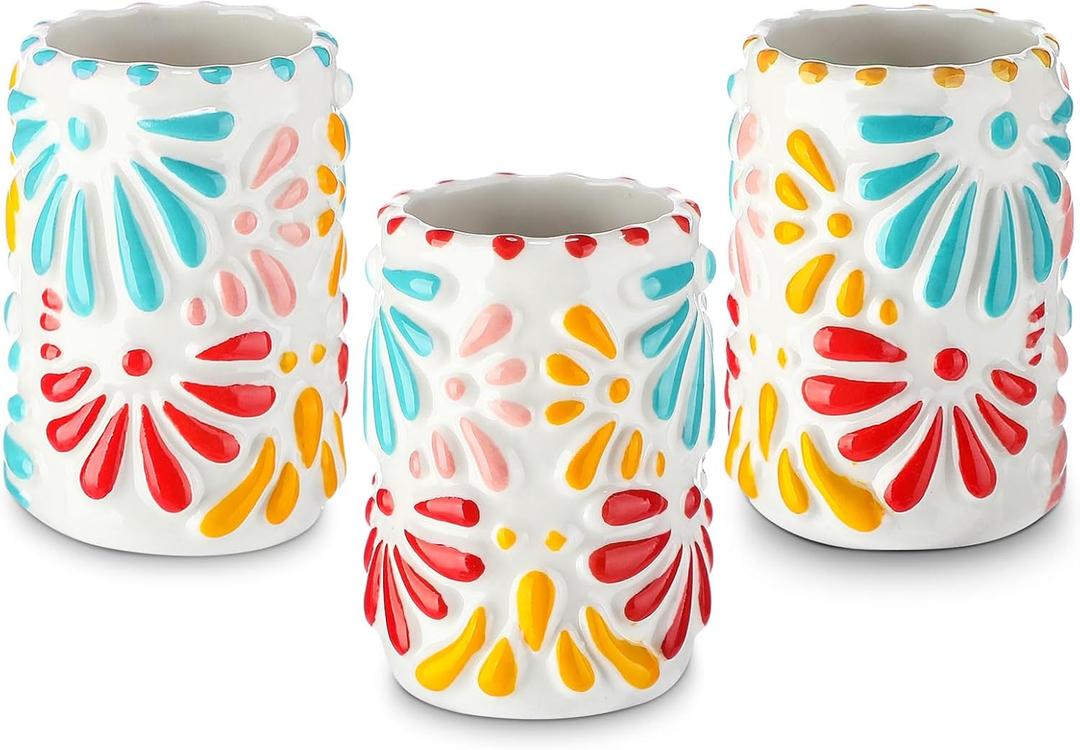 Roshtia 3 Pcs Talavera Shot Glasses Set 2 oz Multicolor Mexican Tequila Shot Glasses Ceramic Tequila Cups Decorative Pottery Drinking Mugs Gifts