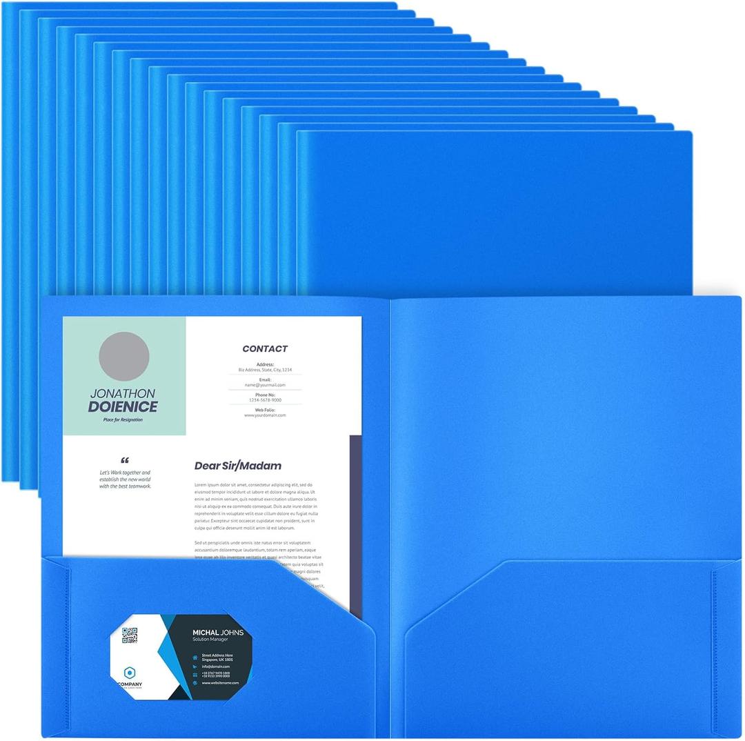 Gueevin 100 Pcs Plastic Folder with Pockets, Two Pocket Folders, Fit Letter Size Paper, Heavy Duty Durable File Folders with Business Card for Home Office School, Holds 100 Sheets (Blue)