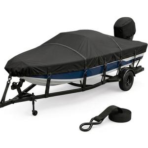 20-22 ft Bass Boat Cover, 1200D Heavy Duty Waterproof Boat Cover with Metal Buckle Straps & Motor Cover, Fits 20' 21' 22' V-Hull, Tri-Hull, Runabout and Fishing BoatsBlack