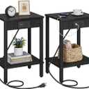 Set of 2 End Table with Charging Station, Narrow Side Table with USB Ports and Outlets, Nightstands with 2-Tier Storage Shelves, Sofa Table for Small Space Living Room Bedroom (Black)