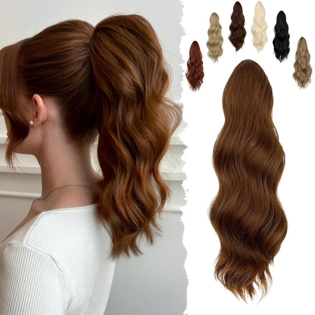 FELENDY 16" Ponytail Extension Long Curly Wavy Ponytails Clip in Claw Hair Extension Pony Tails Natural Looking Synthetic Hairpiece for Women Light Auburn
