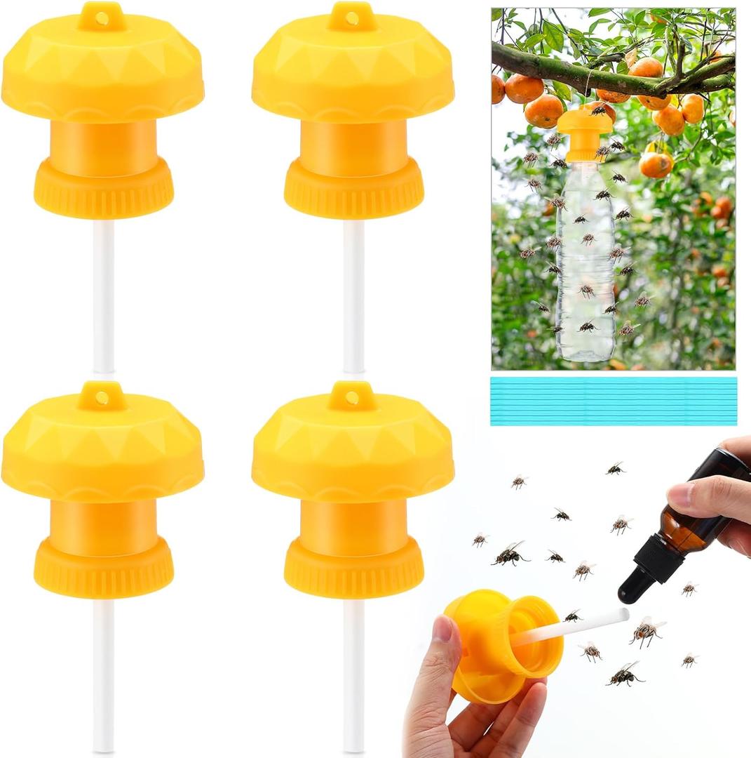 Qualirey 4 Pcs Fruit Fly Trap Cover Lid Universal Fit for Us Water Bottles, with Cotton Swabs Twist Ties Reusable Fruit Fly Catcher for Kitchen, Indoor Plants DIY Insect Trap