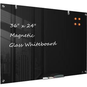 TSJ OFFICE Glass Dry-Erase Board - 36 x 24 Inches Wall Mounted Black Glass Magnetic Whiteboard, Frameless Large White Board for Office, Home & School