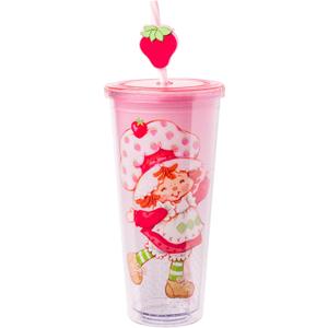 Silver Buffalo Strawberry Shortcake Pink Plastic Cold Cup with Lid and Straw Topper, 24 Ounces