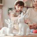 Set of 2 White Frosted Rustic Easter Bunny Figurines - Distressed Resin Rabbit Statues for Farmhouse Home Decor - Vintage Spring Bunny Ornaments for Tabletop, Mantel & Shelf Display