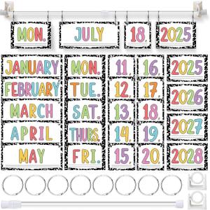Composition Notebooks Calendar Bulletin Board Set Classroom Bulletin Board Decor 54 Date Cards Colorful Pastel Flip Calendar with Adjustable Holder for Back to School Supplies, Years 2025-2028