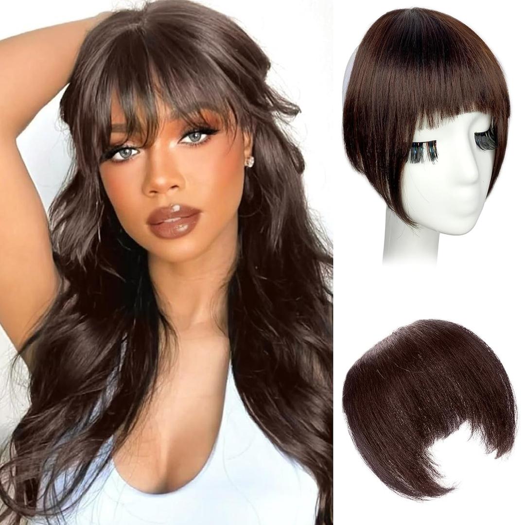 Yaki Hair Bangs Clip in, Dark Brown Thick Hair Fringe Natural Hair Extensions Clip Ins Bangs with 3 Clips Wispay Kinky Straight Bangs with Temples Hairpiece for Black Women - #2/33(Dark Brown)
