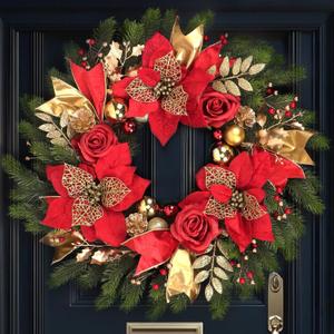 Christmas Wreaths for Front Door, 24in Winter Wreaths for Indoor and Outdoor Christmas Decorations, Christmas Door Wreath with Red Christmas Flowers and Golden Ball, Pine Cones, Leaves for Christmas Decor