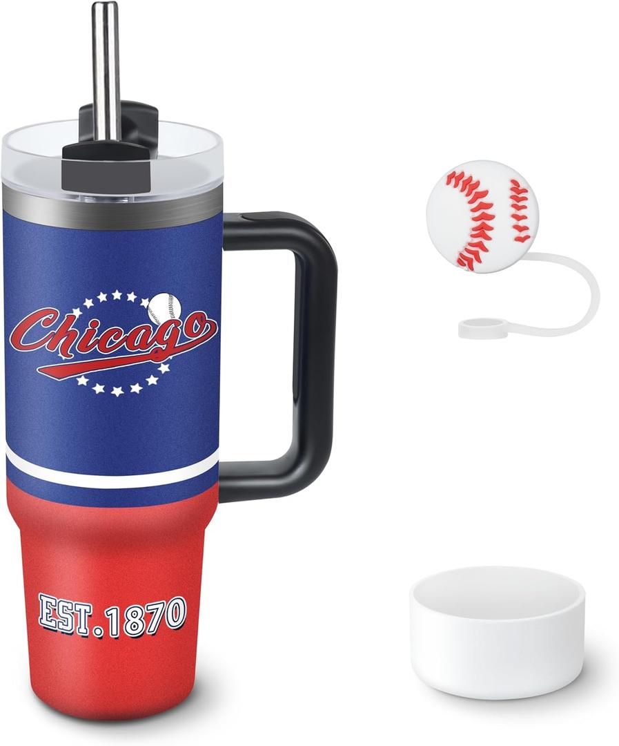 Tumbler 30oz Straight Skinny Car Cups With Insulated Cup Sleeve Portable Handle, Sports Travel Coffee Mug, Stainless Steel, Insulated,Classic Collection Gifts for Fans (Chicago C)