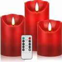 HEIOKEY 3 Pack Red Flickering Flameless Candle Set, Battery Operated Candles with 10-Key Remote Control, Electric Pillar Candle with Timer, Dancing Flames Real Wax Fake Candle for Festive Celebrations