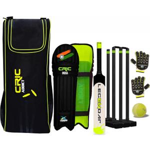 Cric-Addict Legender Cricket Set for Kids, Kit with legguards,Gloves,Bag,Ball,4stumps,2stands,2bails & a Strong Plastic bat for Initial Training, for Boys Girls(Size-5) up to 12 Years