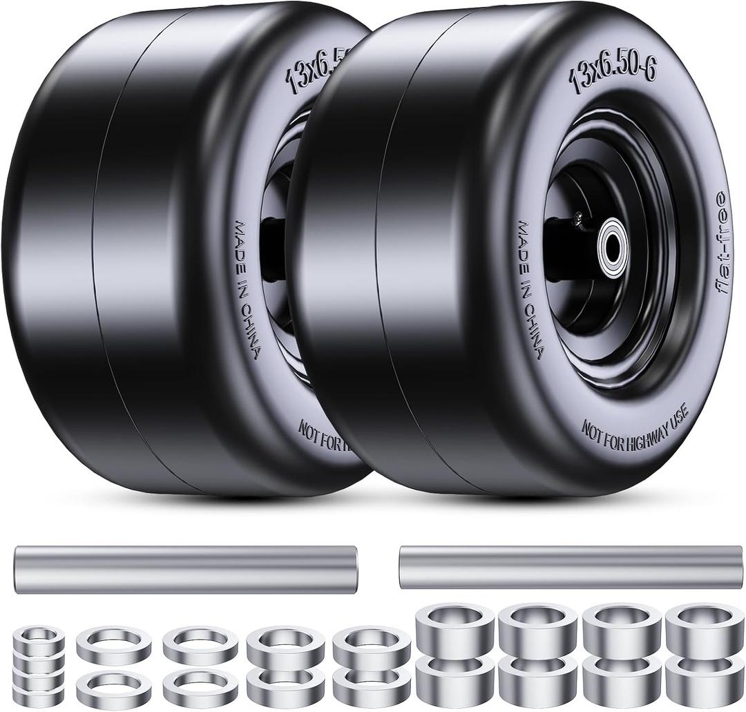 13x6.50-6" Flat Free Lawn Mower Tires, Universal Fit Solid Front Tires for Zero Turn Mowers, Adjustable Hub with 3/4" & 5/8" Bearings for Residential & Commercial Use, 2 Pack, Large Bearing Design
