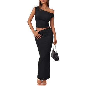 Trendy Queen Skirt Sets Women 2 Piece Going Out Dressy Outfits 2026 Summer Sexy Maxi Bodycon Dress Off The Shoulder Crop Tops, S