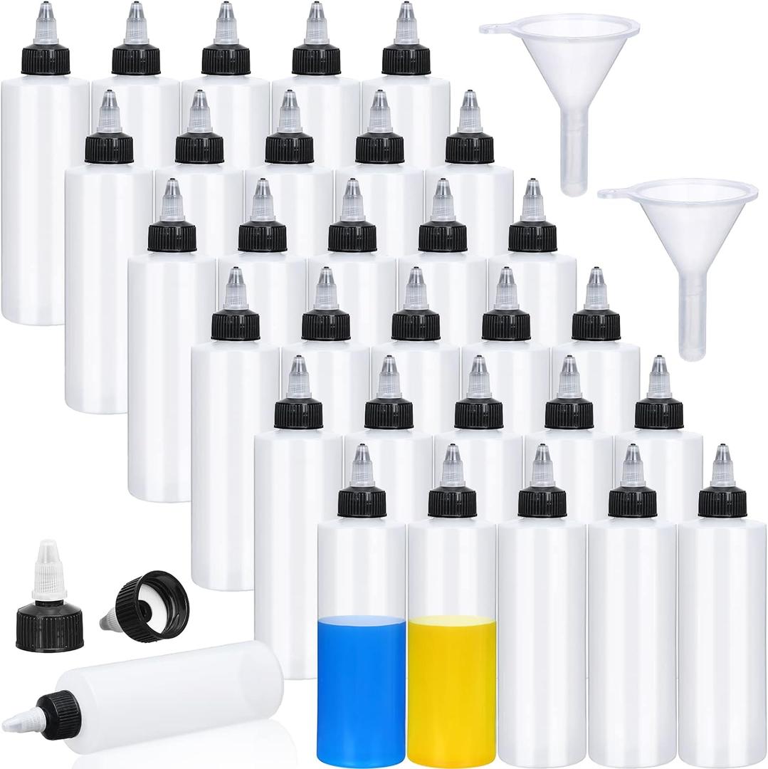 Honeydak 30 Pack 8.5 oz Squeeze Bottles Boston Empty Dispensing Sprayer Plastic Lab Dispensing Bottles with Twist Cap Funnel for Liquids Inks Oil Sauce Condiments Arts (White and Black)