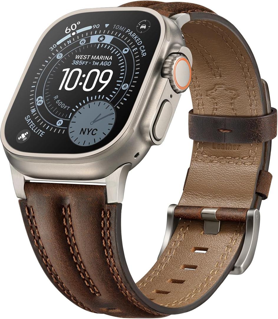 Leather Band for Apple Watch Ultra Band 49mm/46mm/45mm/44mm/42mm-Ultra 3 2 1, Series 11 10 9 8 7 6 5 4 3, SE 3 2 1, for iWatch Handcrafted Band Men Genuine Leather Rugged Vintage Strap (Sliver - Classic Retro Walnut)