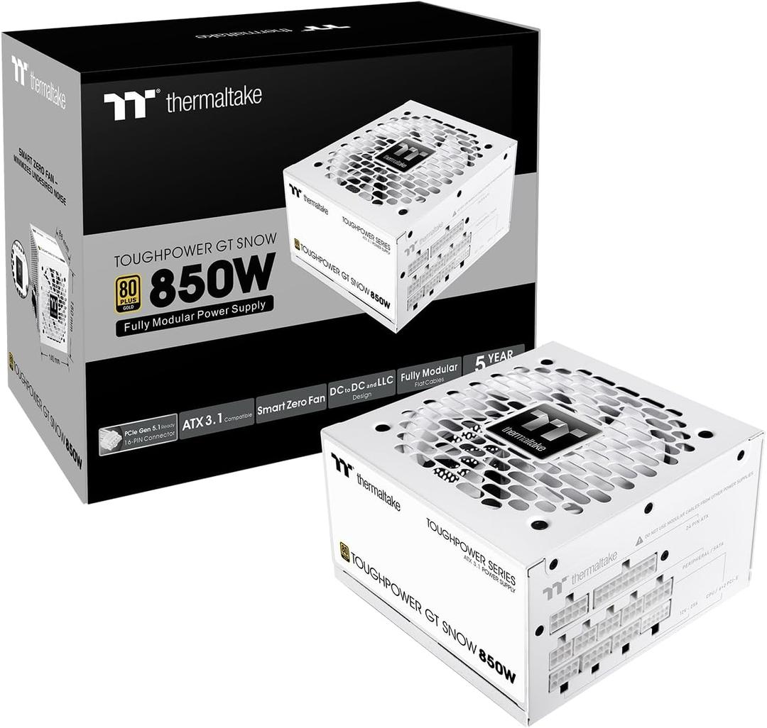 Thermaltake Toughpower GT 850W Snow ATX 3.1 Power Supply; 80 Plus Gold Efficiency; Smart Zero Fan; Native 600W PCIe 5.1 Connector; PS-TPT-0850FNFAGU-W