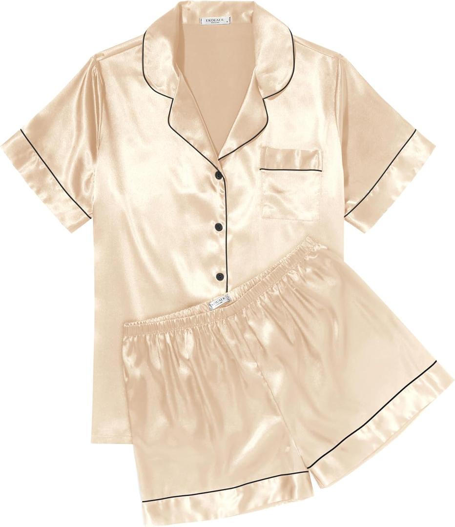 Ekouaer Womens Silk Satin Pajama Sets Soft Short Sleeve Button Down Sleepwear Top and Shorts 2 Piece Pjs Lounge Set S-XXL (X-Large, Champagne)
