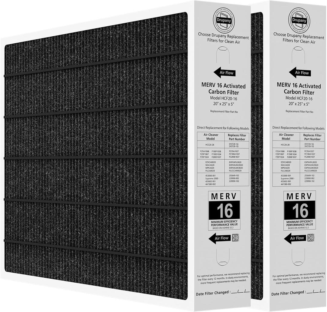 2 Pack 20x25x5 MERV 16 Air Filter, Compatible with Lennox HCC20-28 MERV 16 Furnace Filter for HVAC System, Part Number HCF20-16, HCF20-10