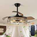 48 Inch Retractable Ceiling Fans with Lights and Remote, Industrial Black Fandelier with 3 Retractable ABS Blades, Invisible Crystal Chandelier Fan for Bedroom Living Room Dining Room (Hemp Rope)