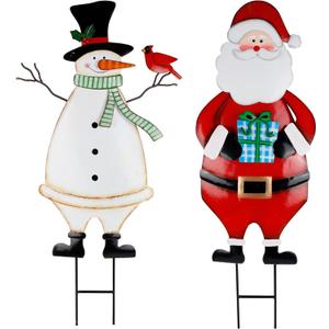 Hausse 2 Pack Christmas Garden Metal Stakes, 31.5 Inch Decorative Snowman and Santa Claus, Xmas Yard Signs for Outdoor Decorations, Holiday New Year Home Decor for Lawn Pathway Patio