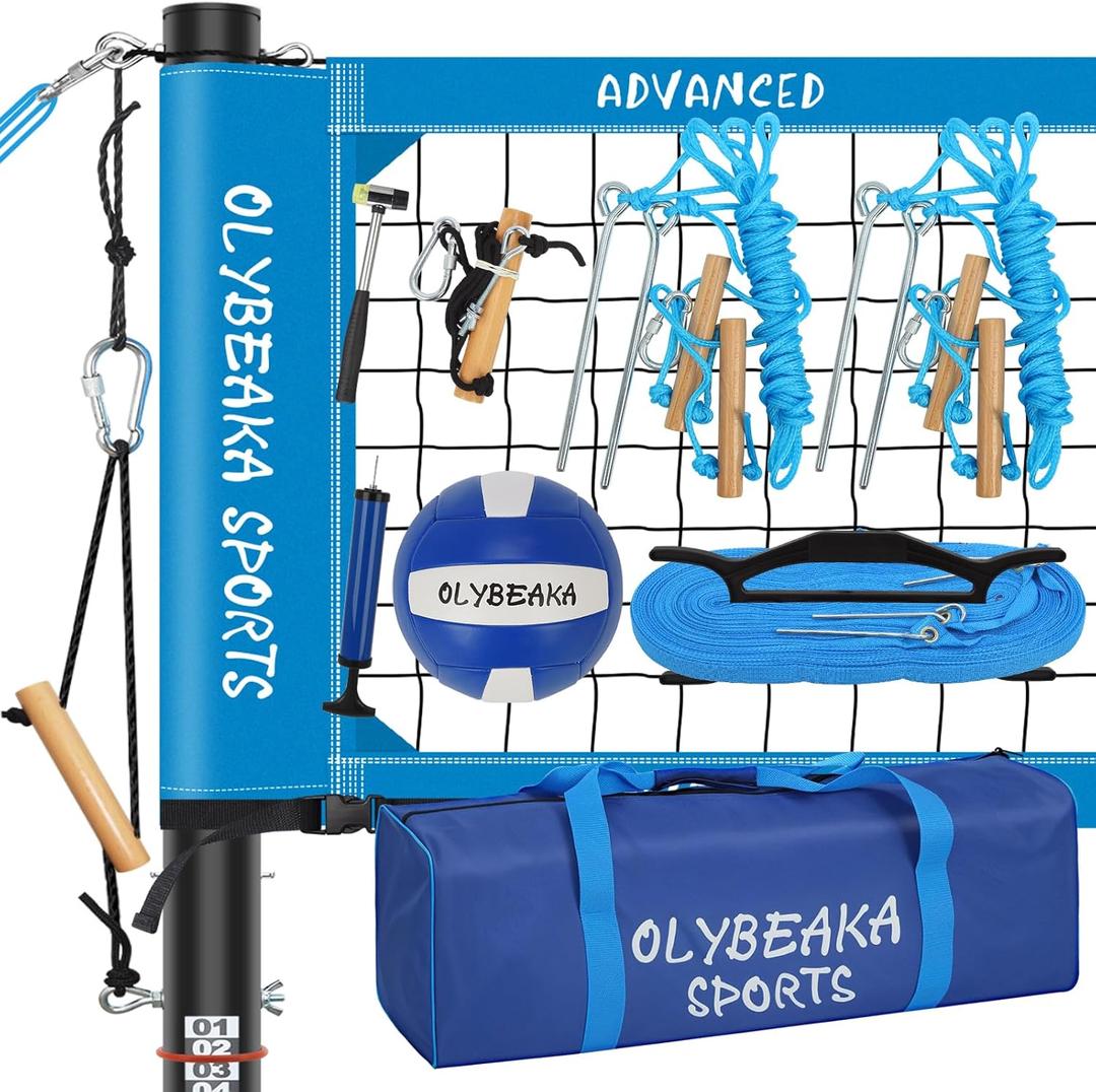 Professional Volleyball Net Set: Pro-Level, All-in-One for Outdoor Fun with 2" Adjustable Height Aluminum Poles, Upgraded Anti-sag Net, PU Volleyball, Boundary Line, Large Carry Bag (Blue)
