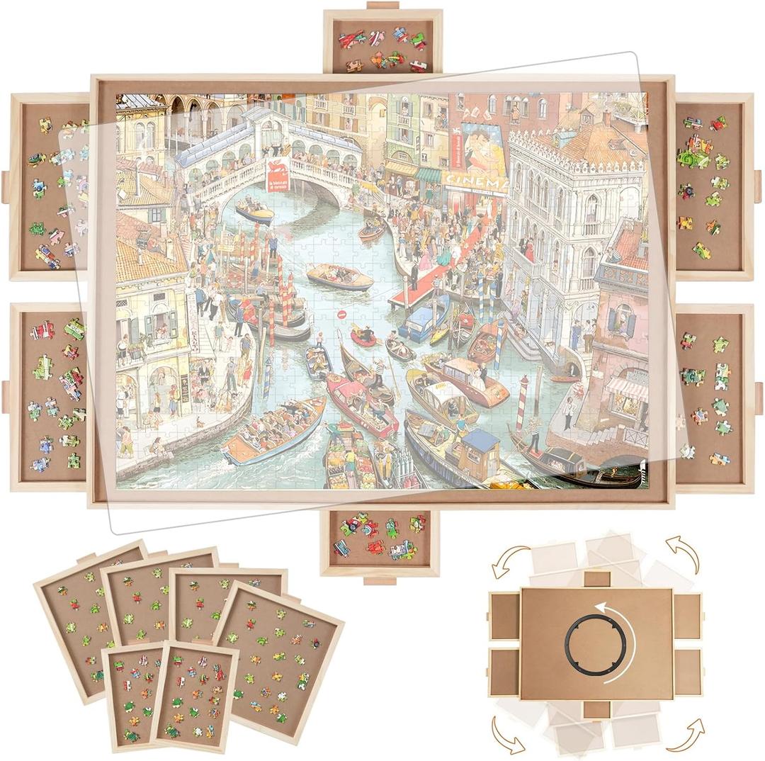 BuilderButler 1500 Pieces Rotating Puzzle Board with 6 Drawers,34.25"x25.2" Portable Wooden Jigsaw Puzzle Table with Lazy Susan Spinning Cover, Medium-1500pcs