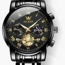 OLEVS Watches Men Waterproof Luxury Big Face Mens Watch Stainless Steel Quartz Analog Dress Watches for Men Luminous Multifunction Man Watch Relojes De Hombre, Black Stainless Steel 